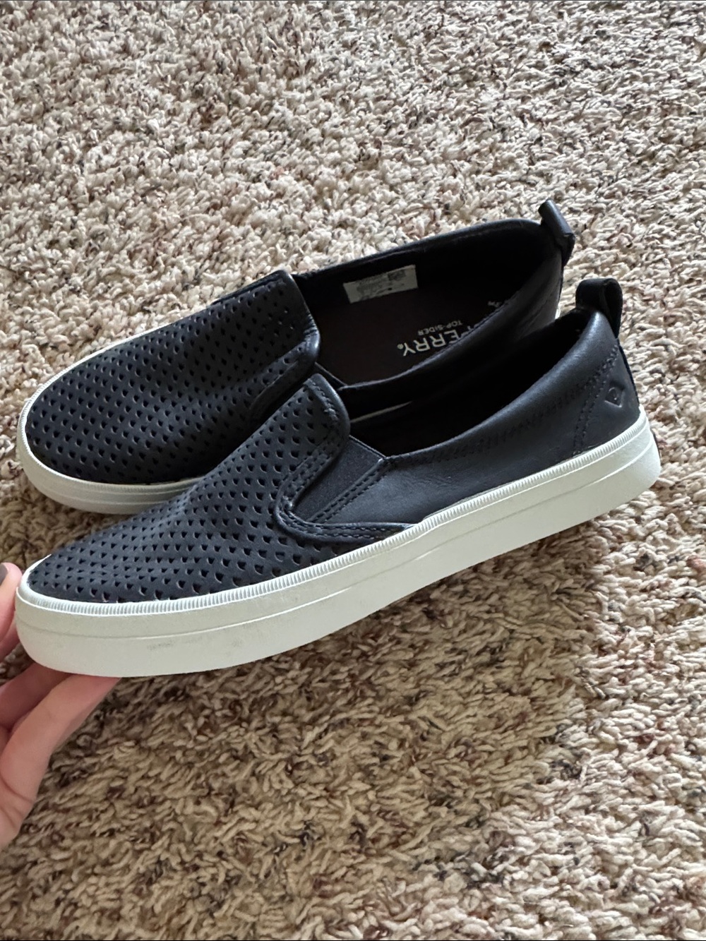 Sperry Woman’s Black Perforated Slip-On Sneakers with White Sole NWOT - Picture 3 of 5